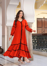COTTON RED LONG FLARED POM POM BEAUTIFUL DRESS - pasoya